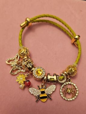 Gold Bee & Charm Green Leather Bracelet